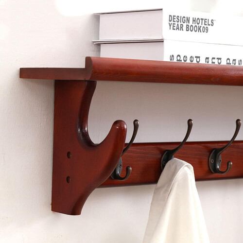 Rustic Wall Mounted Coat Rack with Shelf, Solid Wood Floating Shelf with Hooks for Entryway Storage 1
