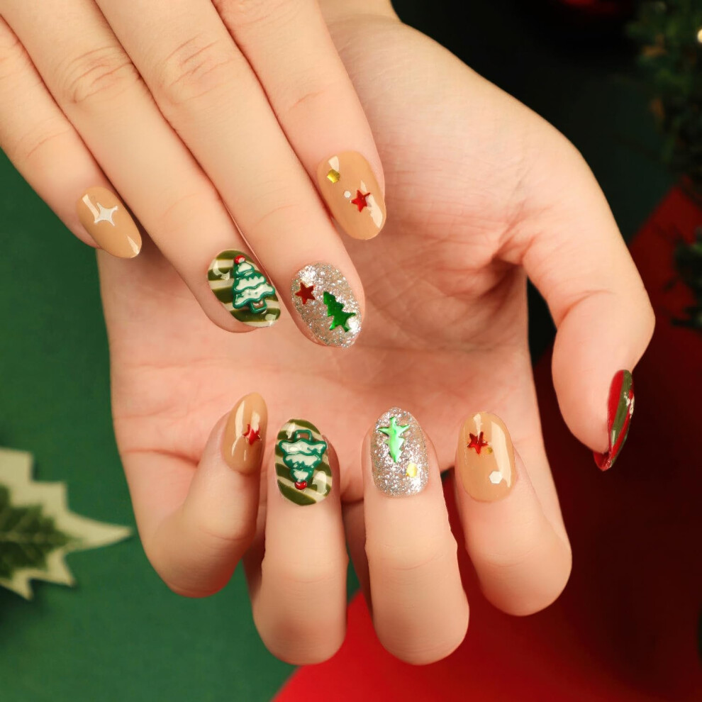 Silver 24Pcs Christmas Press On Nails Short Almond, Glitter Christmas Fake Nails With Festive Design