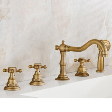 Antique Brass Deck Mount Bathtub Faucet Set with Handheld Shower, 5 Hole Widespread Design