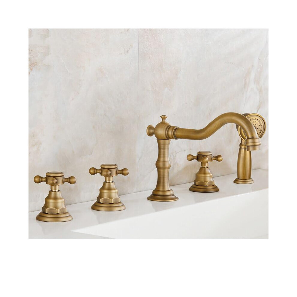 Antique Brass Bathtub Faucet Set With Handheld Shower, 5 Hole Deck Mount Widespread Mixer Tap 9164114104380