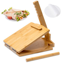 10 Inch Bamboo Tortilla Press with Ergonomic Wave Handle, Rotatable Plate and 50 Parchment Sheets for Homemade Roti, Chapati, Taco