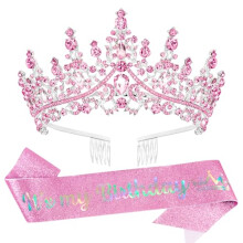 Rose Crystal Birthday Crown with Sash, Gold Plated Rhinestone Princess Tiara for Women Girls