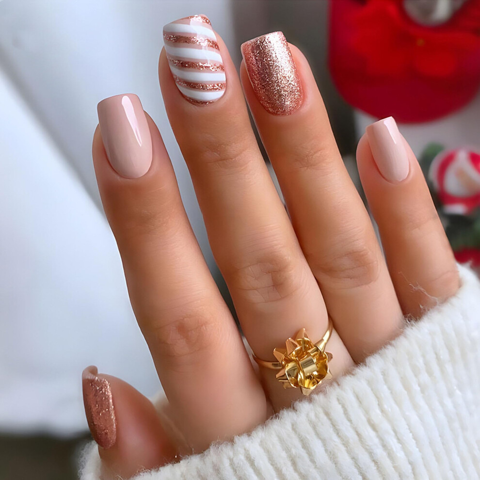 Christmas Pink Glitter Press On Nails Short Square Fake Nails with Glue Reusable Nail Tips