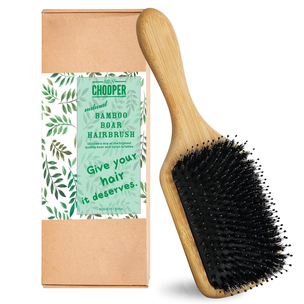 Boar Bristle Paddle Hair Brush with Bamboo Handle for Gentle Detangling, Shine and Frizz Control