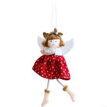 Christmas Angel Tree Ornament with Plaid Skirt and Pearl Headband for Holiday Decoration, Red Gray Beige 9x17cm