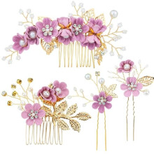 Gold Floral Bridal Hair Comb Set with Pearls and Rhinestones, Handmade Wedding Hair Accessories