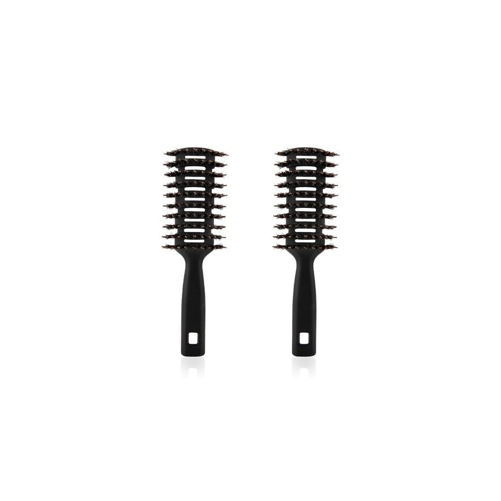 Black Hair Brush Set 2Pcs Round Vented Paddle Design Flexible Bristles For Gentle Knot Detangling