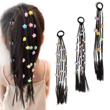 Braided Ponytail Hair Extensions with Colorful Flowers and Stars, 40cm Synthetic Wig 3 Pack