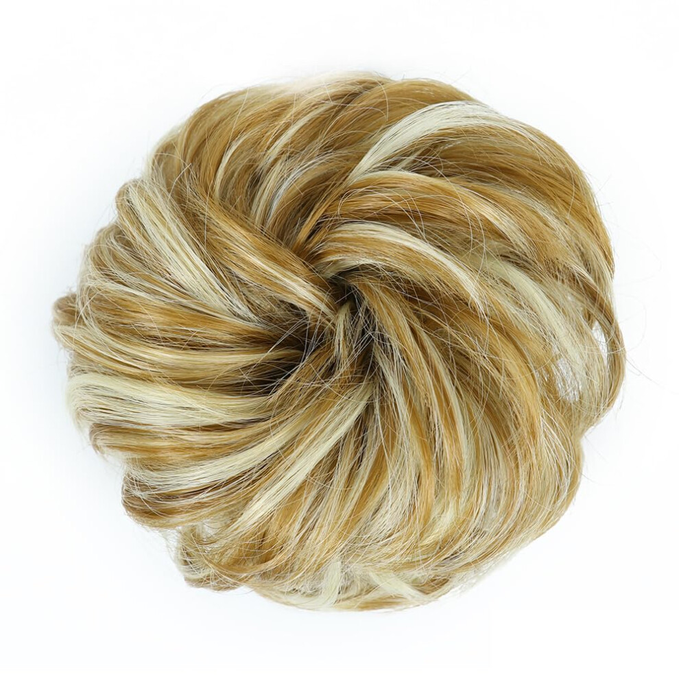 Unisex Synthetic Hair Bun Chignon With Instant Volume Boost, Blonde Highlight Curly Heatresistant Hairpiece
