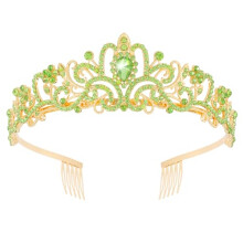 Gold Princess Tiara with Green Rhinestones, Elegant Crown for Women and Girls with Combs