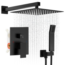 Black Rain Shower System 10 Inch Matte Black Faucet Set with Handheld Spray and Pressure Balance Valve