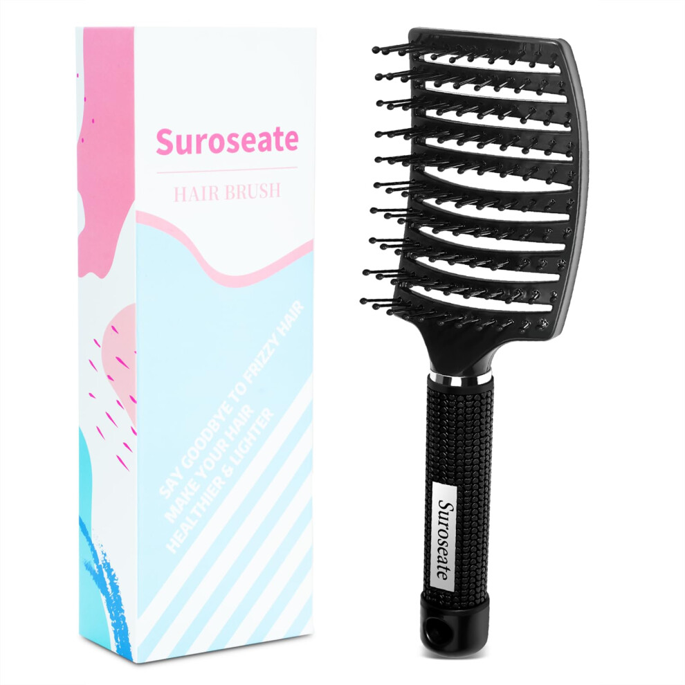 Black Detangling Hair Brush With Curved Vented Design For Wet And Dry Hair, Faster Blow Drying,