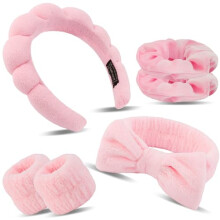 Pink Skincare Headband and Soft Spa Wristband Set for Facial Care with Absorbent Sponge Fabric