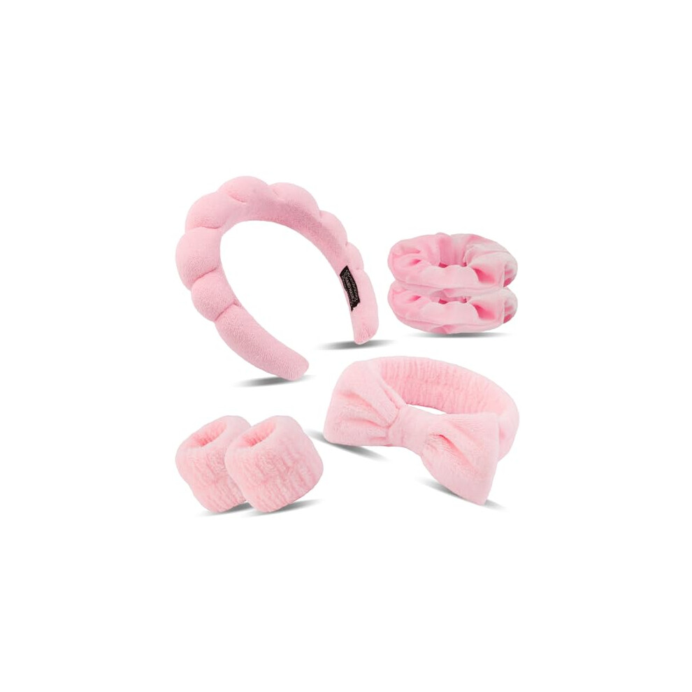 Pink Skincare Headband And Soft Spa Wristband Set For Facial Care With Absorbent Sponge Fabric