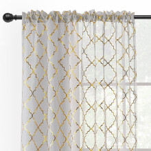 Gold Grey Sheer Curtains 96 Inch for Living Room Light Filtering Moroccan Pattern 2 Panels 52x96