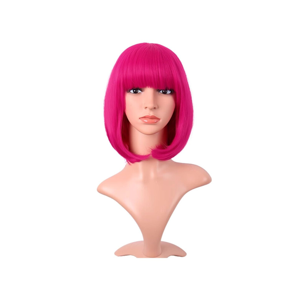 Unisex Red Short Bob Wig With Bangs Rose 30Cm Heat Resistant Synthetic Women Wig For Instant Style Change