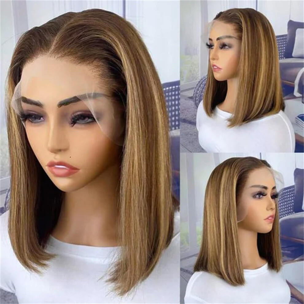 Highlight P4/27 Remy Hair Lace Front Wig Short Ombre Blonde Straight Bob Human Hair 12in 180%