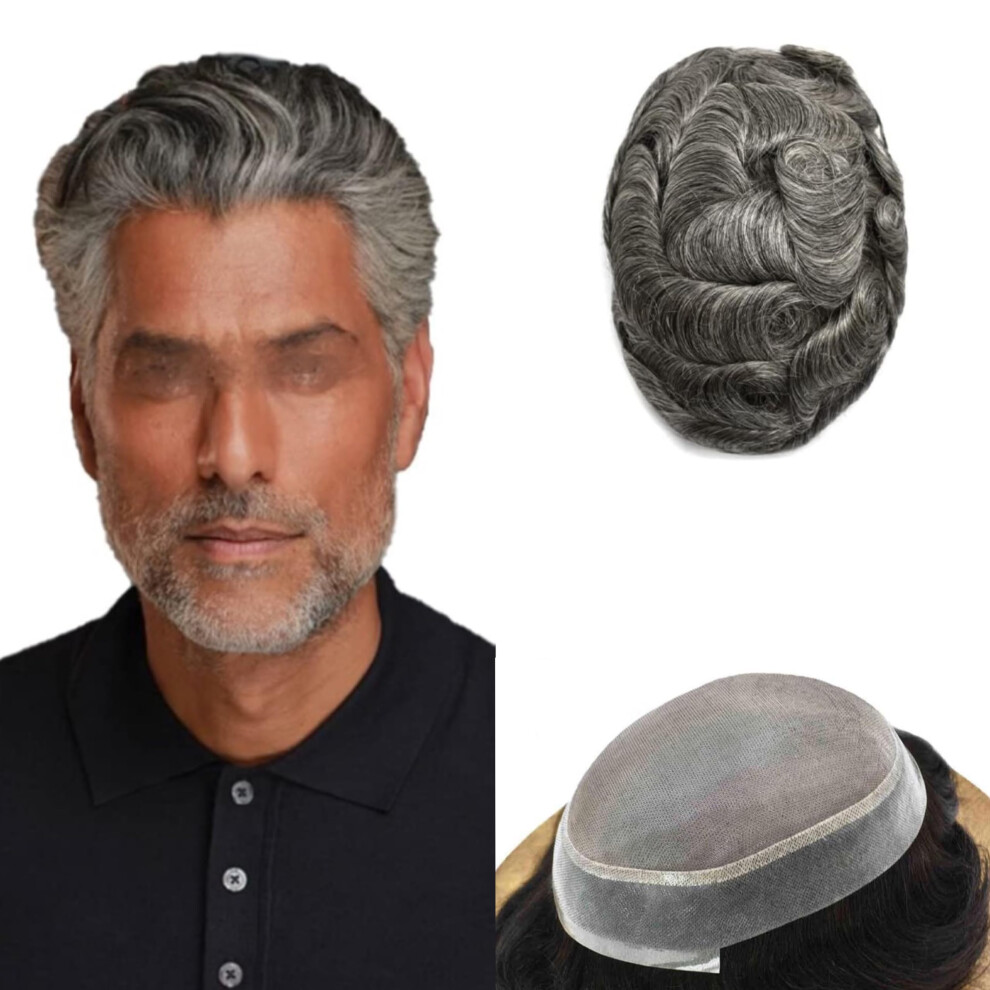 Unisex Black Men's Toupee Human Hair Hairpiece 7X9 Mono Base With Poly Off 60% Gray 120% Density