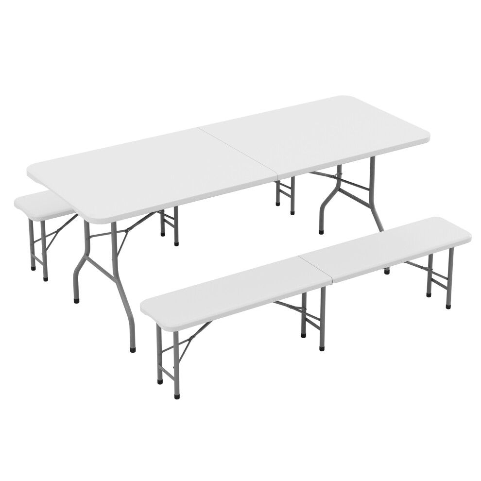 Mcc 6Ft (180Cm) Folding Table With 2 Benches Heavy Duty Outdoor Plastic Table & Bench Set For Garden, Picnic, Bbq, Camping, Party & Catering (White) White