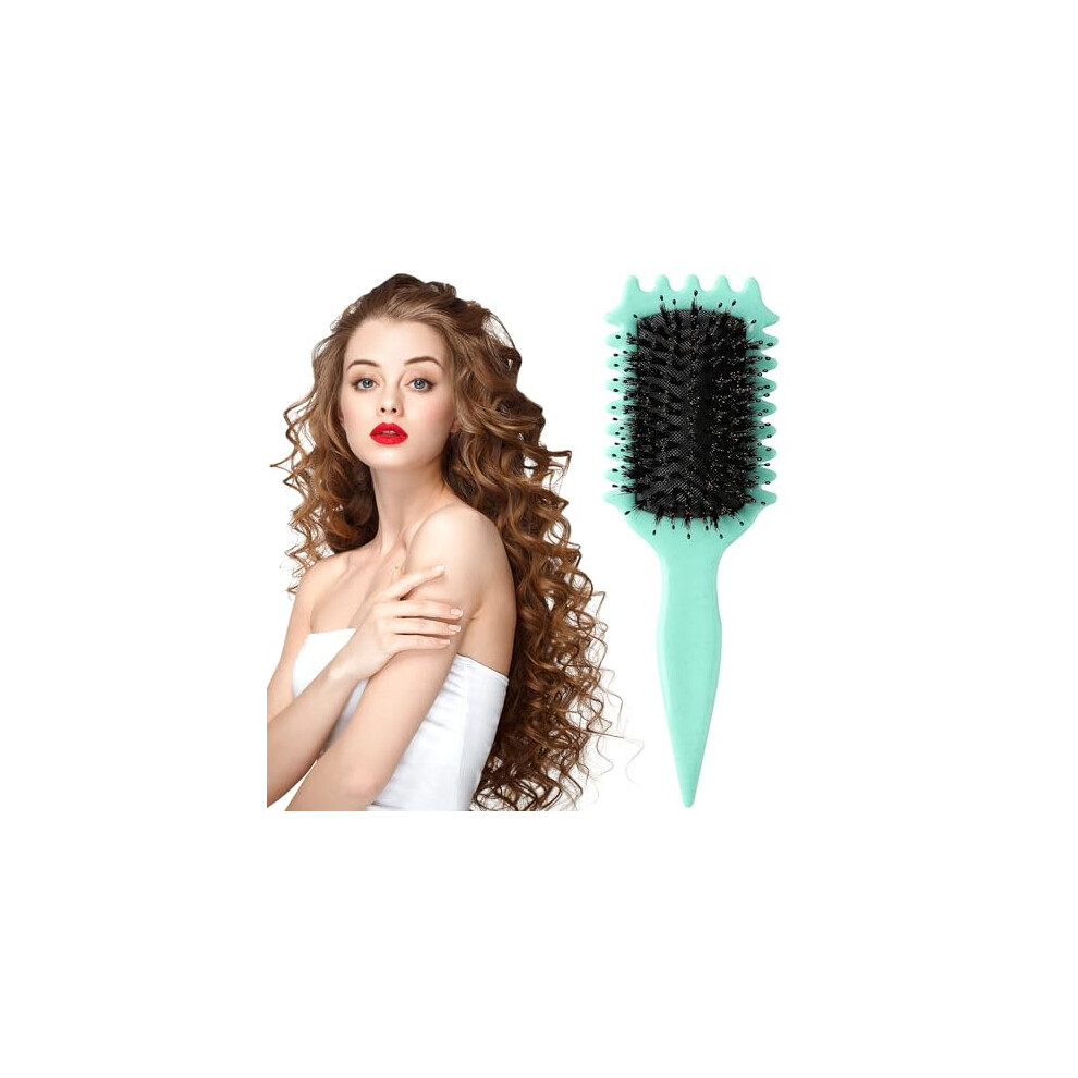 Green Curly Hair Brush With Boar Bristles For Gentle Detangling And Curl Defining Styling