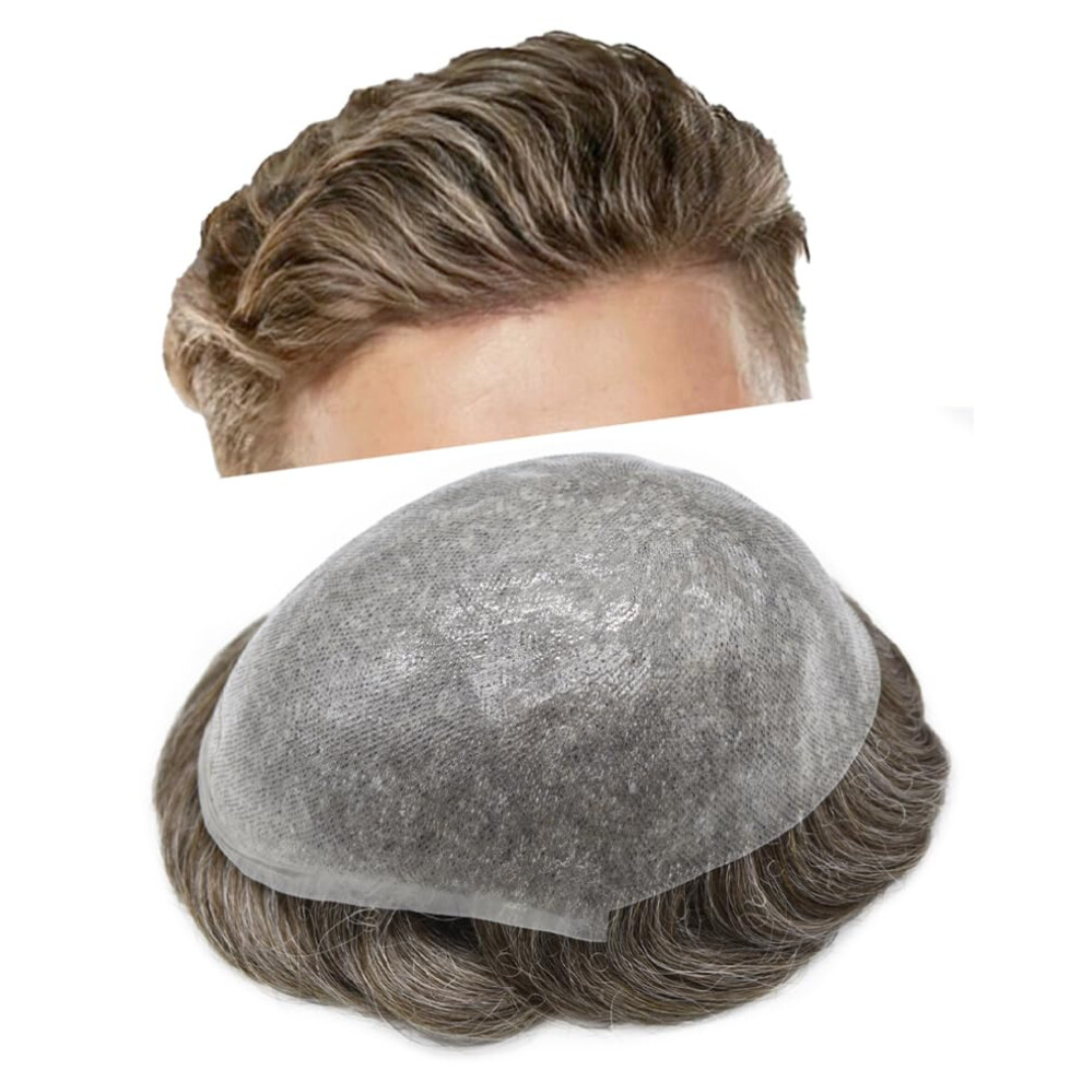 Unisex Brown,Grey Men's Toupee Human Hair Wig Ultra Thin Poly Skin Vloop 8X10 Light Brown Grey Natural Hairline