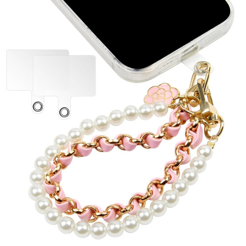 Corrente para celular OFFCUP com pérolas (rosa), cordão duplo para celular, chaveiro com pingente anti-perda para celular.