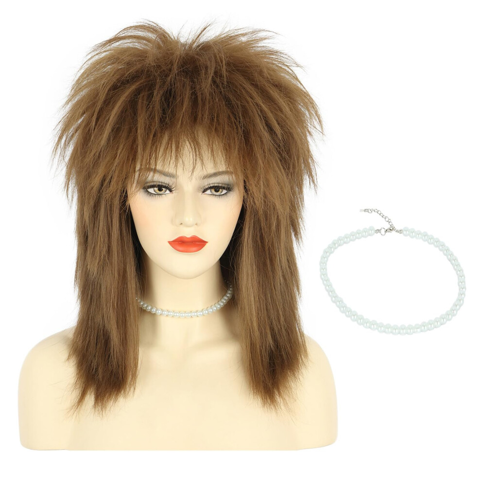 Long Curly Brown Wig for Women, 70s 80s Rocker Costume HeatResistant Synthetic Adjustable Fit