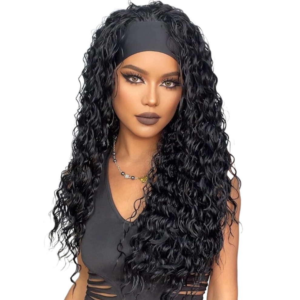 Unisex Black Long Straight Headband Wig For Women, Glueless Readytowear Synthetic Hair With Adjustable Fit