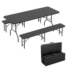 6ft (180cm) Folding Table with 2 Benches Heavy Duty Indoor & Outdoor Plastic Table Set for Garden, Picnic, BBQ, Camping, Party & Catering (Dark Wood)