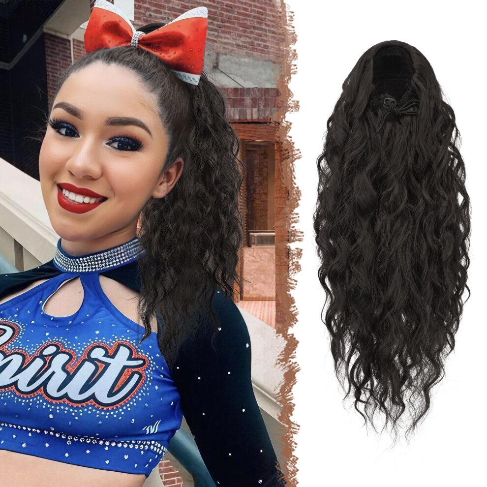Unisex Black 18 Inch Drawstring Ponytail Extension For Women, Curly Wavy Synthetic Hairpiece, Natural Instant Volume Boost