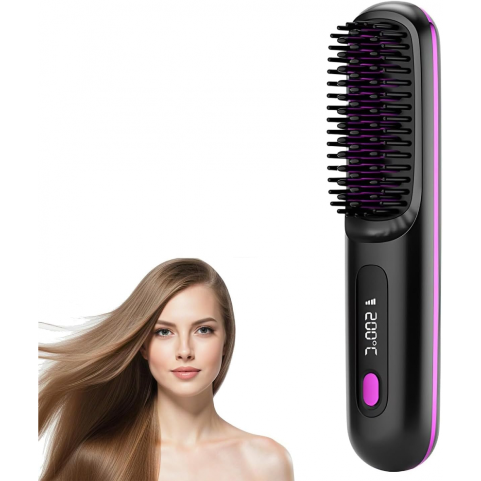 Fast Heating for Curly Manes, Cordless Hair Straightener Brushs with Temperature Display, 3 Temps, Portable Straightener Comb for Travel