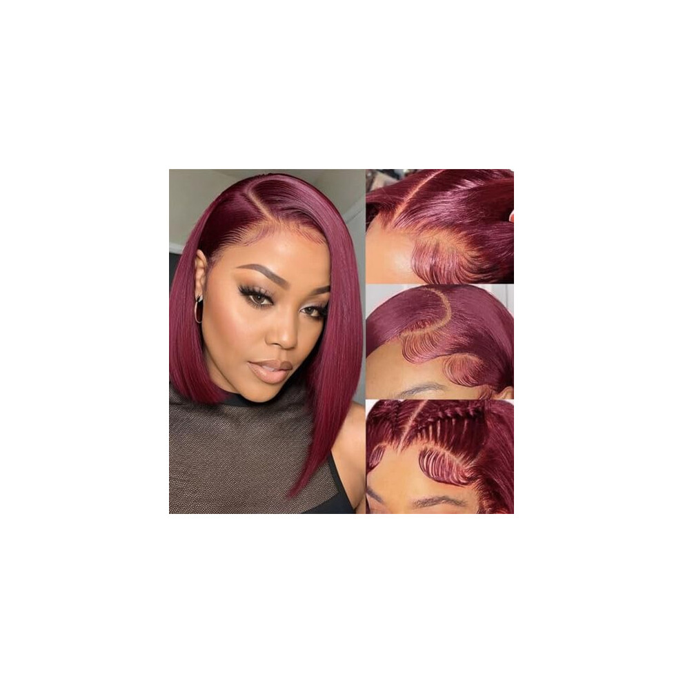 99J Burgundy Human Hair Bob Wig 13x4 Lace Front Brazilian Style with Natural Hairline and Adjustable Fit