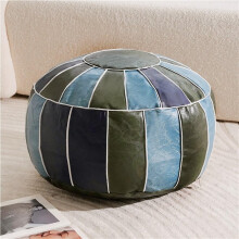 Ottoman Pouf Handmade Faux Leather with Supportive EPP Beads Blue for Living Room Bedroom