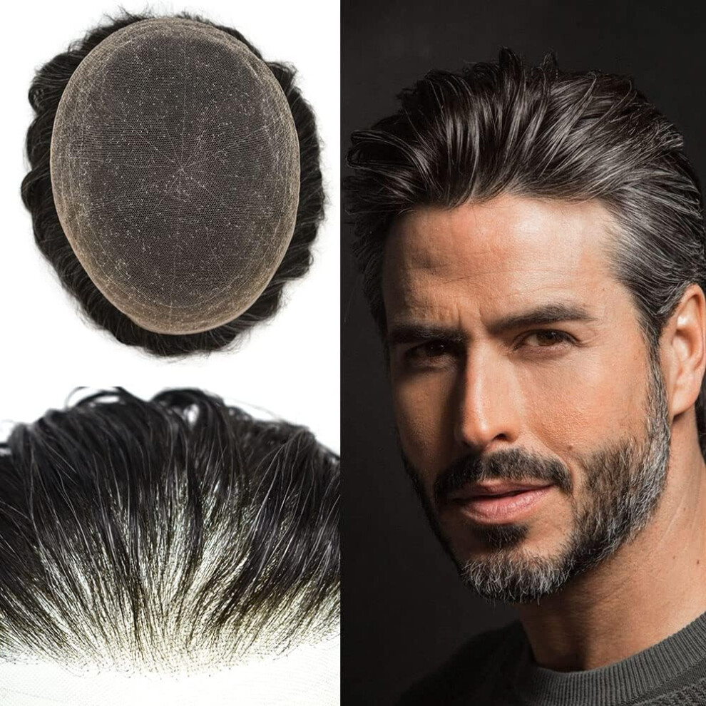 Unisex Black Men's Toupee Full Lace Human Hairpiece With Natural Hairline And Breathable French Lace 7X9 Off 1B