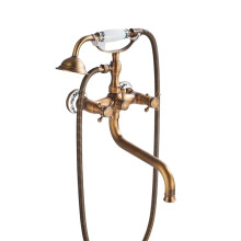 Brass Antique Wall Mount Tub Faucet with 30cm Long Spout and Ceramic Handheld Shower Set