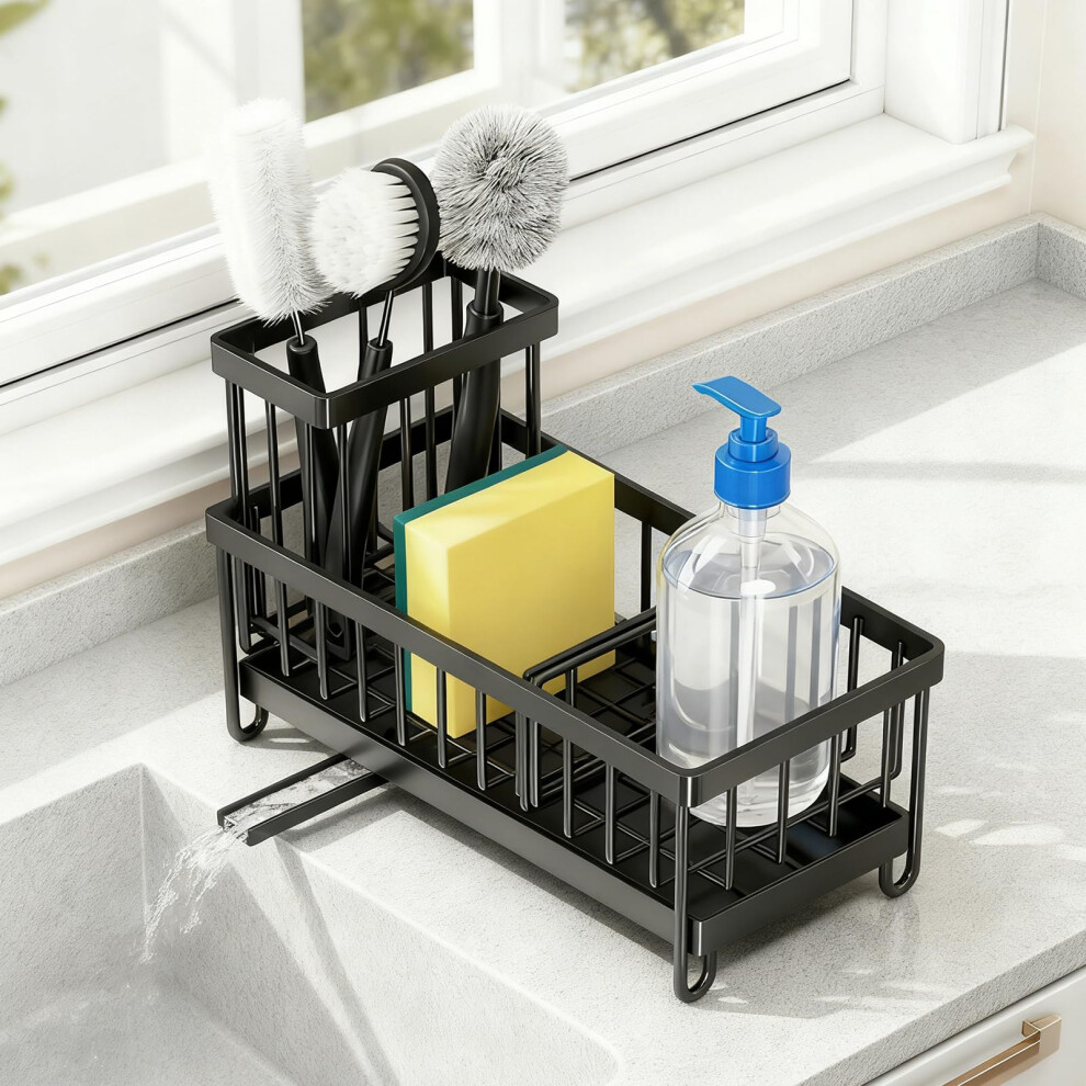 Rustproof Stainless Steel Kitchen Sink Caddy With Auto Draining Sponge Holder And Tall Brush Organizer 9164114207623