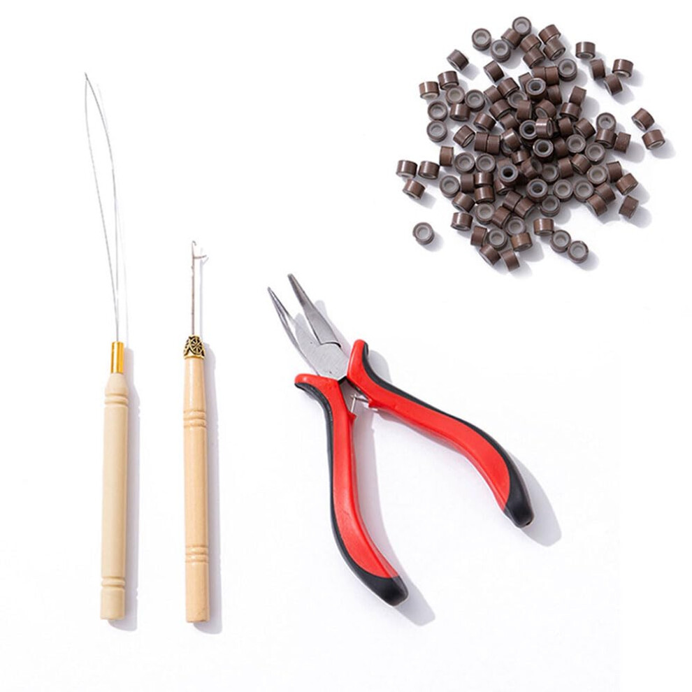 Unisex Brown Hair Extensions Tools Kit With 200Pcs Silicone Nano Beads, Precision Pliers And Loop Threader