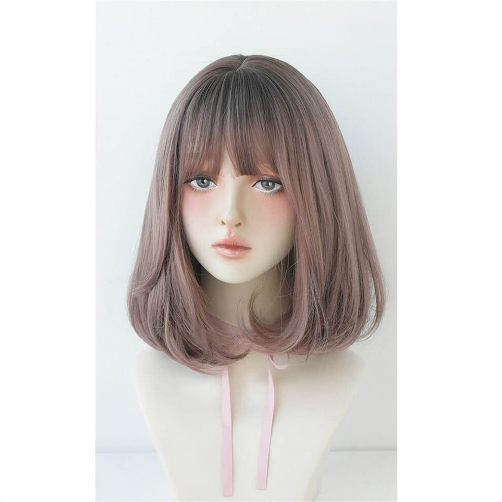 Short Wavy Synthetic Wig for Women with Bangs, Heat Resistant Fiber, Natural Look, Ready to Wear