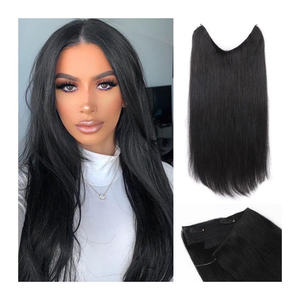 Unisex 20 Inch Invisible Wire Human Hair Extensions With Adjustable Secure Clips, Real Thick End Straight Hairpiece