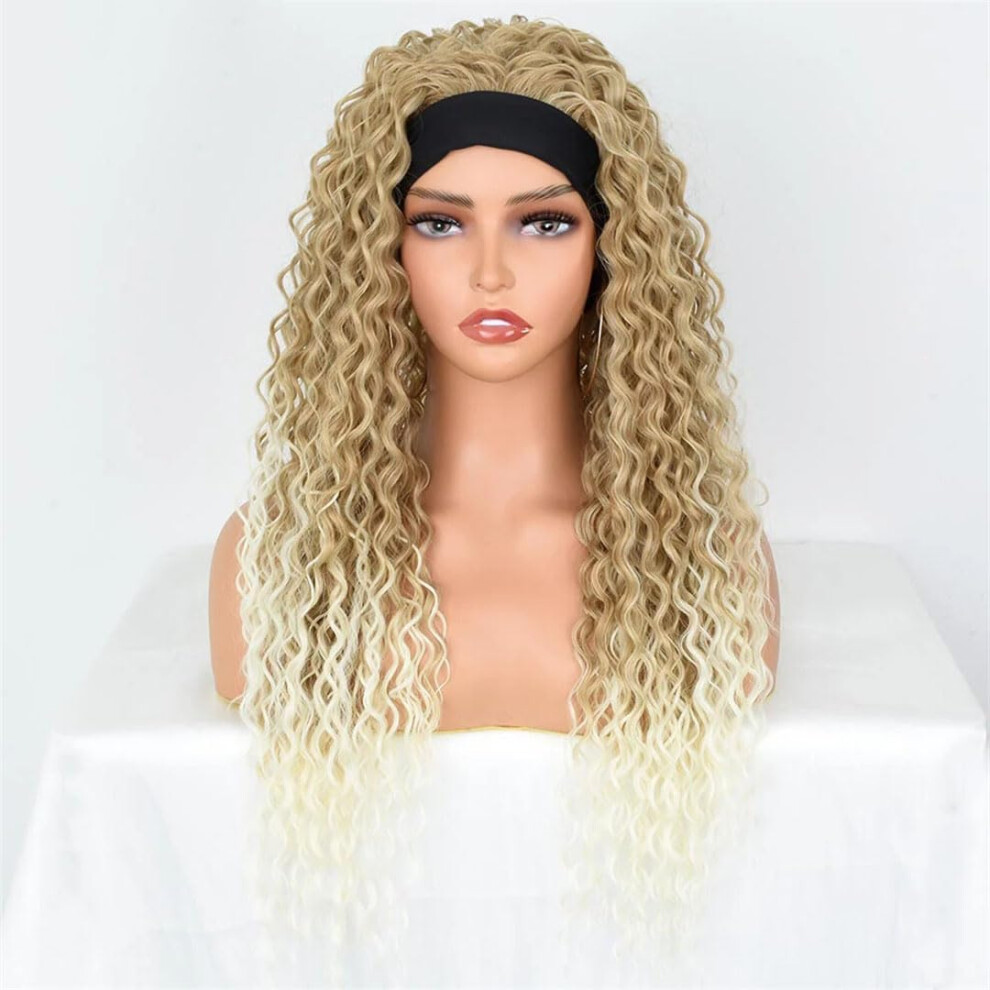 Unisex Black Headband Wig Long Curly Ombre Blonde 26 Inch Synthetic Wigs For Women Heat Resistant