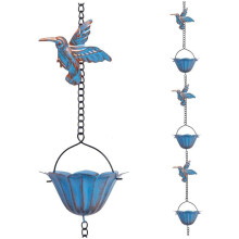 Rain Chain for Gutters with Hummingbirds and Cups, Blue Metal Outdoor Garden Décor 94.5'