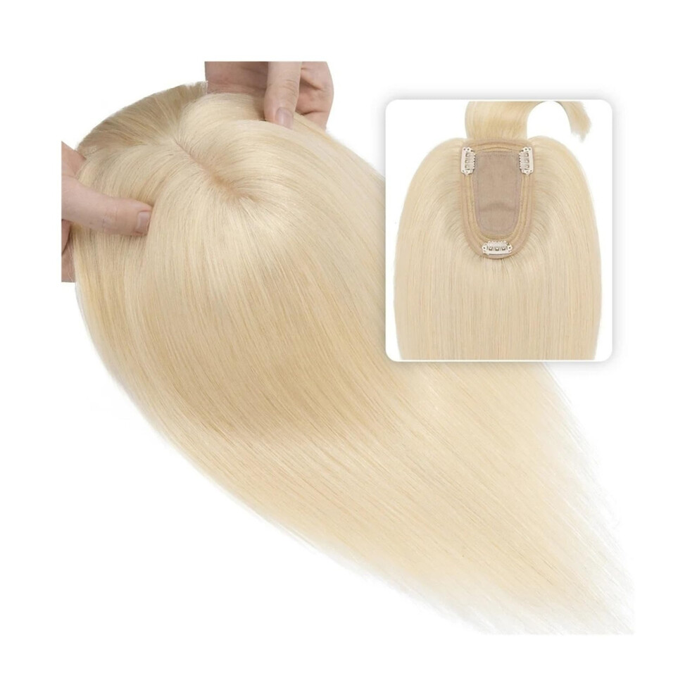 Unisex Human Hair Topper With Bangs Silk Base Clip In Hair Topper For Women Thinning Hair 7X12.5cm