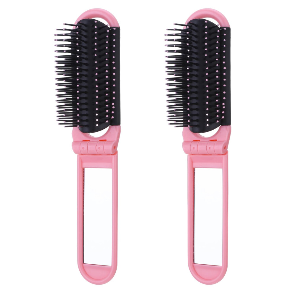 2 Pack Folding Hairbrush with Mirror, Compact Travel Brush for Women Men Girls, Pink Set