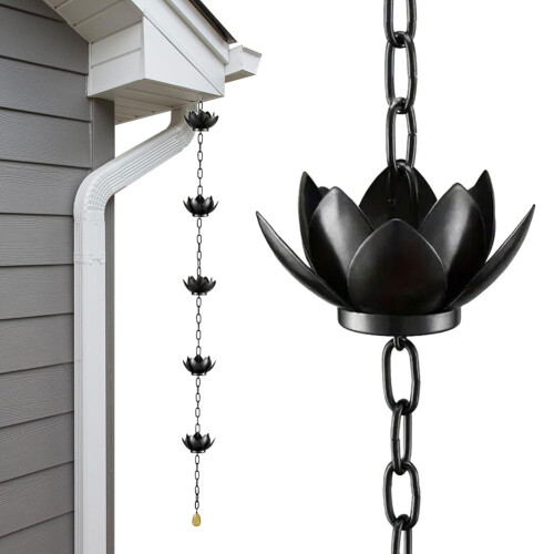Rain Chain for Gutters 4ft Black Aluminum Lotus Cups Decorative Downspout Replacement Adjustable