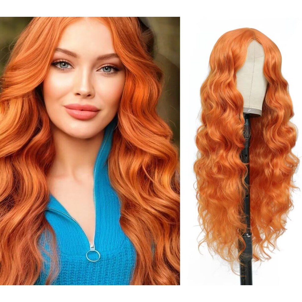 Unisex Orange 28 Inch Lace Front Wig Long Wavy Synthetic Hair With Realistic Lace Hairline Heat Resistant Fiber 18C#
