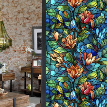 Privacy Window Film Stained Glass Magnolia Static Cling UV and Heat Blocking 17.7 x 39.4 Inch