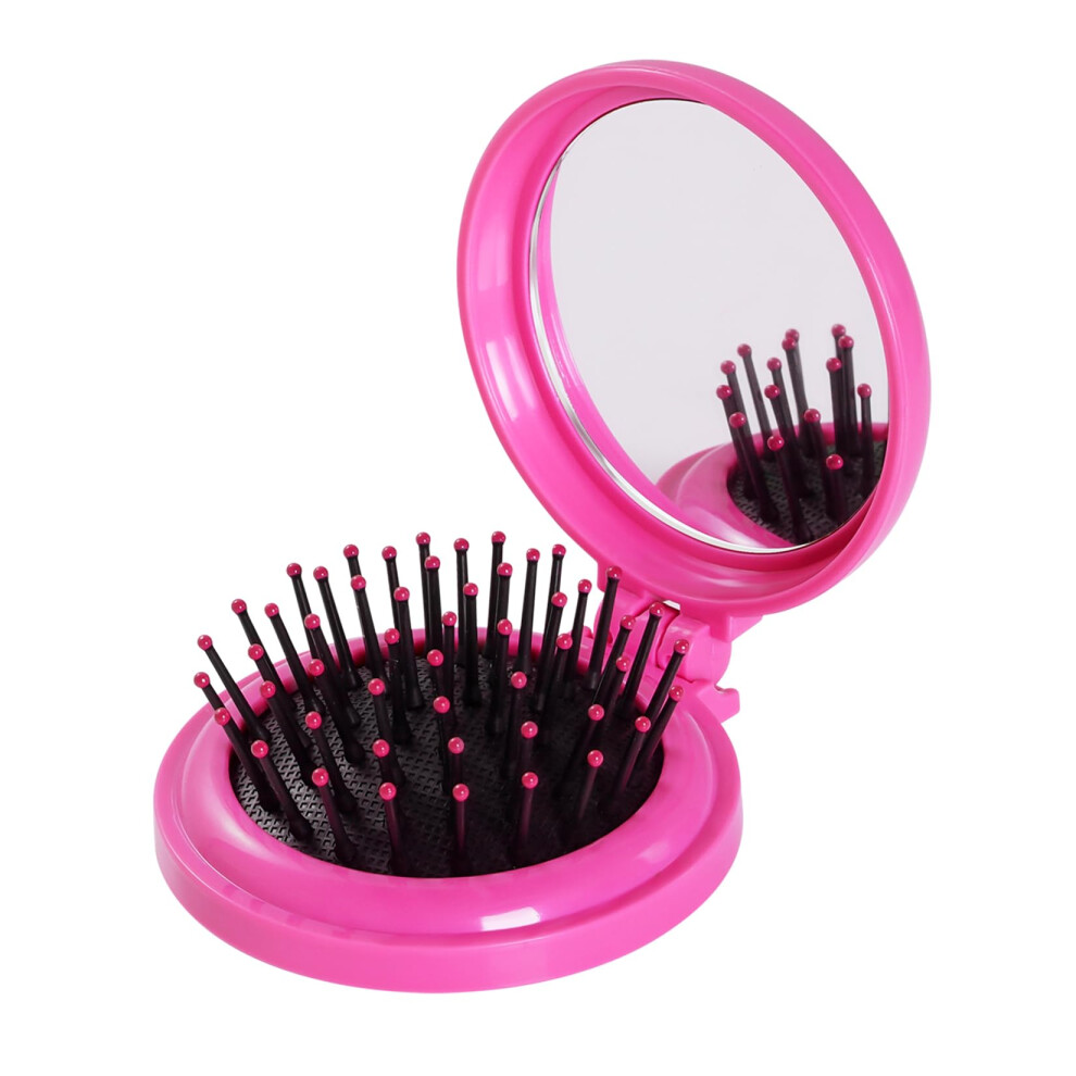 Travel Hair Brush with Mirror, Compact Folding Pocket Hair Brush for Women Girls, Rose Red