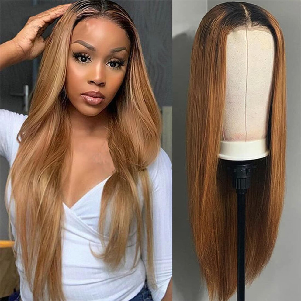 Unisex Brown 26 Inch Highlight Brazilian Remy Human Hair Wig 130% Density Glueless Ombre Lace Front