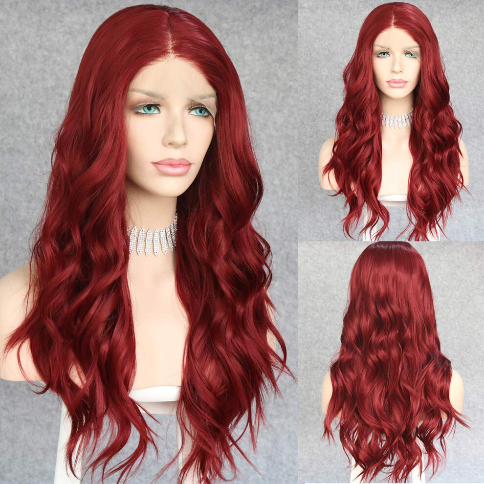 Red Wavy Synthetic Lace Front Wig 24 Inch with Natural Hairline, Heat Styling Compatible