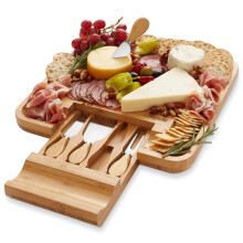 Cheese Board Set with Builtin Utensil Drawer, Bamboo Charcuterie Board Gift for Entertaining